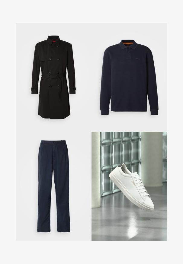 Zwarte trenchcoat met een dubbelzijdig ontwerp, grote knopen, een tailleband en een hoge kraag. Gladde stof met een matte afwerking.; Marineblauwe longsleeve polo-shirt van gestructureerde stof met een knoopsluiting bij de hals. Bevat een klein geborduurd logo op de borst.; Navyblauwe broek van een katoenmix. Heeft een recht model, een sluiting met een voorste knoop en subtiele plooien. Gladde textuur.; Witte leren lage sneaker met veters, zwarte hielstrook en "BOSS"-logo, zwevend binnenshuis bij een glazen stenen muur en gepolijste vloer.