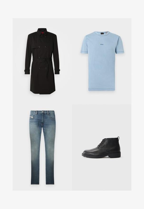 Schwarzer Trenchcoat mit einem doppelt knöpfbaren Design, großen Knöpfen, einem taillierten Gürtel und einem hohen Kragen. Glattes Material mit matter Oberfläche.; Hellblaues T-Shirt mit kurzen Ärmeln, Rundhalsausschnitt und kleinem "BOSS"-Logo in der Mitte der Brust sowie am inneren Halsbandetikett.; Slim-Fit Jeans in einer ausgewaschenen blauen Waschung, mit einem Fünf-Taschen-Design, Metallknopfverschluss und Kontrastnähten. Leicht verwaschene Textur.; Schwarze Lederstiefel mit strukturierter Oberfläche, runder Zehenpartie, Schnürung vorne und einer robusten Gummisohle. Verfügt über eine kleine Zuglasche an der Rückseite.
