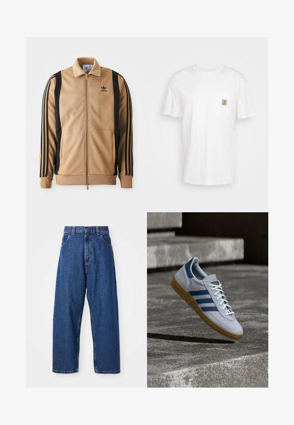 Tan-gefärbte Zip-Jacke aus strukturiertem Stoff, mit schwarzen vertikalen Streifen an den Ärmeln und einem Adidas-Logo auf der Brust.; Weißes Baumwoll-T-Shirt mit kurzen Ärmeln, einer Brusttasche und einem kleinen quadratischen Logopatch in Orange und Weiß auf der Tasche.; Weite Jeans aus Denim in Dunkelblau. Hohe Taille, Gürtelschlaufen und klassisches Fünf-Taschen-Design. Gestickter Saum mit sauberem Finish.; Hellblauer Adidas Spezial Sneaker mit dunkelblauen Streifen und Gummisohle, in der Luft über Betontreppen in neutralem Außenbereich gezeigt.
