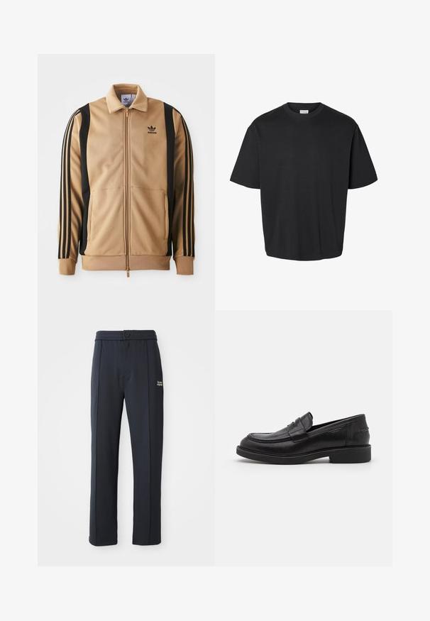 Vihreä vetoketjullinen urheilutakki, joka on valmistettu teksturoidusta kankaasta. Takissa on mustat pystysuorat raidat hihoissa ja Adidas-logo rinnassa.; Musta lyhythihainen pyöreäkauluksinen t-paita, rento istuvuus ja näkyvä valkoinen etiketti kauluksen sisäpuolella.; Mustat suorat housut, joissa on joustava vyötärö, nappisuljenta, saumat ja pieni valkoinen "the new originals" -logo vasemmassa reidessä.; Mustat nahka loaferit pyöreällä varvassuojalla, sävyyn sovitettu ompelu ja etuosassa vyöyksikkö. Kumipohja ja matala korko.