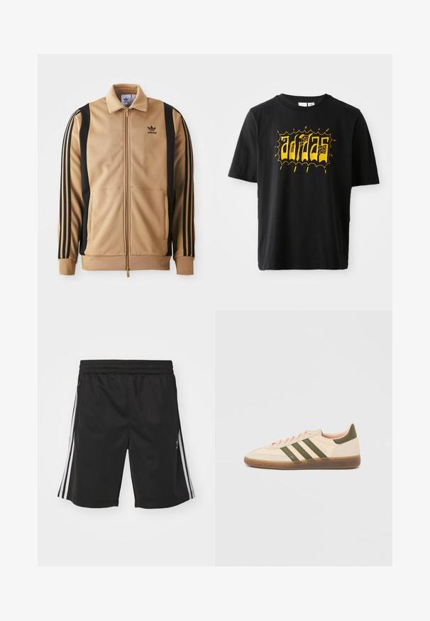 Tan zippered træningsjakke lavet af tekstureret stof, med sorte vertikale striber på ærmerne og et Adidas-logo på brystet.; Sort bomulds t-shirt med et stort gult grafisk print med spindelvævsdetaljer og tekst. Korte ærmer, rund halsdesign.; Sorte sportsshorts med elastisk talje, med hvide sidestriber og en glat stofstruktur. Ingen yderligere dekorationer.; Beige Adidas Spezial sneaker med lav profil, grønne striber, gummisål og "SPEZIAL"-branding på siden, vist fra ydersiden.