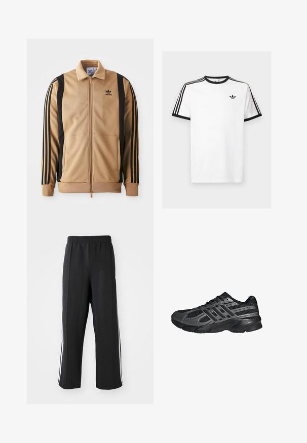 Cognacová zipsová športová bunda vyrobená z textúrovanej látky, s čiernymi vertikálnymi pruhmi na rukávoch a logom Adidas na hrudi.; Biela bavlnená tričko s čiernym žebrovaným výstrihom a rukávmi, s tromi čiernymi pruhmi na každom pleci a malým logom na hrudi.; Čierne teplákové nohavice s elastickým pásom, s bielymi bočnými pruhmi a voľným strihom. Vyrobené z mäkkej, elastickej tkaniny.; Čierne športové topánky vyrobené z pletiva a syntetických materiálov, s textúrovaným povrchom, viacerými šedými pruhmi a polstrovaným golierom.