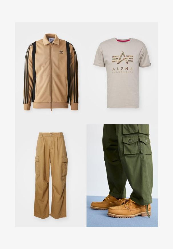 Tan ritsjack gemaakt van textiel, met zwarte verticale strepen op de mouwen en een Adidas-logo op de borst.; Beige katoenen t-shirt met een camouflagemotief logo van "ALPHA INDUSTRIES" met vijf horizontale strepen erboven, korte mouwen en een ronde hals.; Tan cargobroeken met een rechte pijpdesign, voorzien van twee zijzakken en een knoopsluiting. Gemaakt van een zachte, duurzame stof.; Timberland AUTHENTIC 3 EYE - Bootschoenen - wheat
