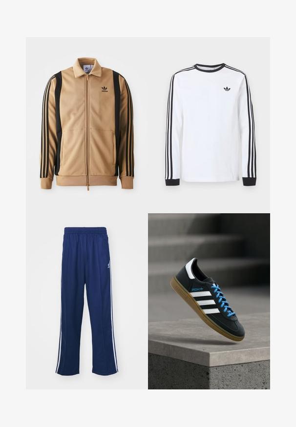Tan zippered træningsjakke lavet af tekstureret stof, med sorte vertikale striber på ærmerne og et Adidas-logo på brystet.; Hvid langærmet Adidas-trøje med sort rund hals, sorte manchetter, tre sorte striber ned langs ærmerne og sort trekløverlogo på brystet.; Marineblå sportbukser med en afslappet pasform, udstyret med hvide sidestativer og elastisk talje. Glat stof, ingen synlige mønstre eller hardware.; Sort Adidas sneaker med hvide striber, blå snørebånd og gummisål, der svæver over gråt betontrin i blødt lys.