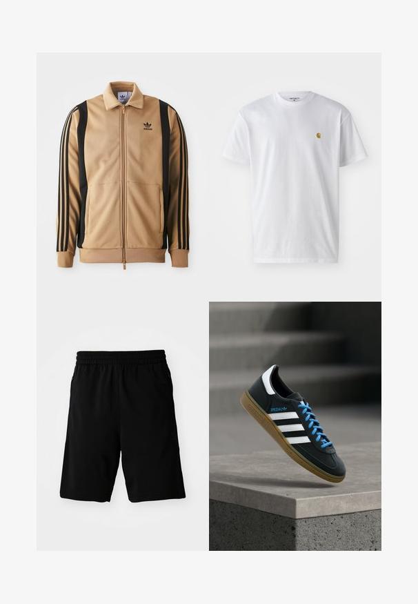 Veste de survêtement zippée de couleur bronze, fabriquée en tissu texturé, avec des rayures verticales noires sur les manches et un logo Adidas sur la poitrine.; T-shirt en coton blanc à manches courtes, col rond, avec un petit logo doré sur la poitrine gauche. Texture douce et coupe régulière.; Shorts de sport noirs en matériau synthétique, dotés d'une taille élastique et de poches latérales. Texture lisse sans motifs visibles.; Baskets Adidas noires avec des rayures blanches, des lacets bleus et une semelle en gomme flottant au-dessus d'une marche en béton grise sous une lumière douce.