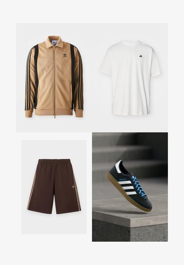 Tan zippered træningsjakke lavet af tekstureret stof, med sorte vertikale striber på ærmerne og et Adidas-logo på brystet.; Hvid bomulds t-shirt med korte ærmer, rund hals og et lille sort Adidas-logo på venstre bryst. Blød tekstur, afslappet pasform.; Brune Adidas-shorts med elastisk talje, sidelommer og lysebeige triple striber langs benene, Adidas-logo på højre side.; Sort Adidas sneaker med hvide striber, blå snørebånd og gummisål, der svæver over gråt betontrin i blødt lys.