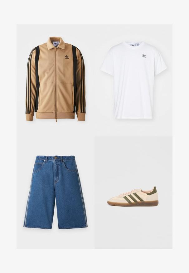 Tan värvitud tõmblukuga sportjakk, mis on valmistatud tekstuuriga kangast, mustade vertikaalsete triipudega varrukatel ja Adidas logo rinnal.; Valge puuvillane T-särk lühikeste varrukatega, ümmargune kaelus ja must Adidas logo, kus on kolm triipu vasakul rinnal.; Sinised teksapüksid põlve pikkusega, esiosas taskud, nööbiga sulgur, vööaasad ja valged triibud kummalgi jalal külgedel.; Madalprofiilne beež Adidas Spezial toss rohelist värvi triipude, kummist tallaga ja "SPEZIAL" brändinguga küljel, nähtav välisküljelt.