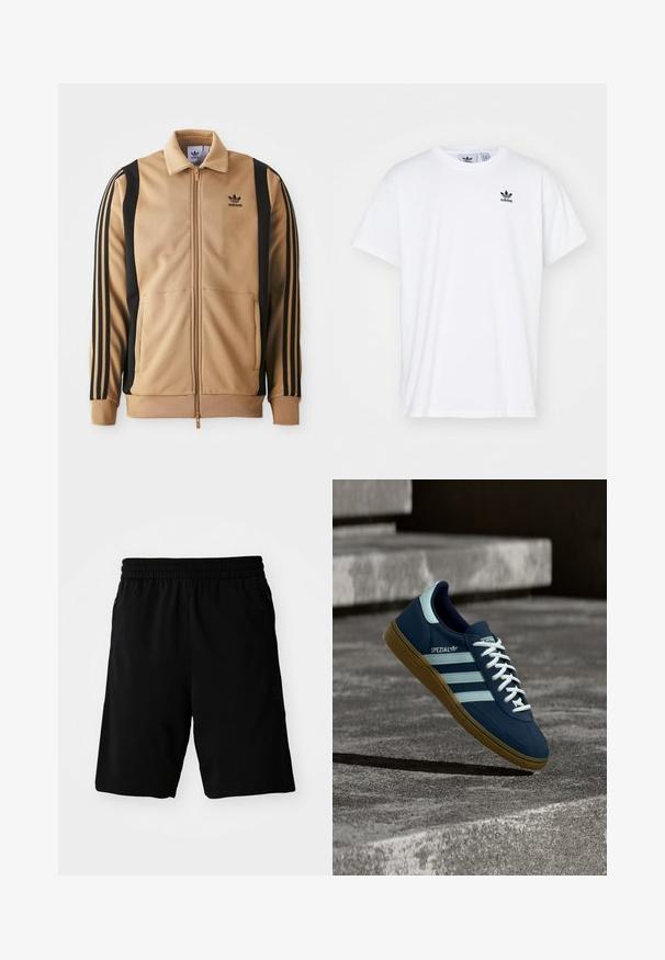 Vihreä vetoketjullinen urheilutakki, joka on valmistettu teksturoidusta kankaasta. Takissa on mustat pystysuorat raidat hihoissa ja Adidas-logo rinnassa.; Valkoinen puuvillapaita, jossa on lyhyet hihat, pyöreä pääntie ja musta Adidas-logo, jossa on kolme raitaa vasemmassa rinnassa.; Musta urheilushortsit, jotka on valmistettu synteettisestä materiaalista. Shortseissa on joustava vyötärö ja sivutaskut. Pintakuvio on sileä ilman näkyviä kuvioita.; Sininen Adidas Spezial -tenissukat valkoisilla raidoilla ja nauhoilla, kumipohjalla, leijuu karhean betonipinnan ja portaiden yläpuolella taustalla.