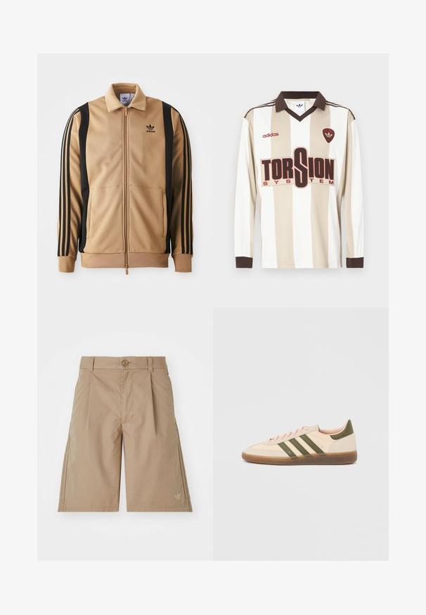 Tan zippered træningsjakke lavet af tekstureret stof, med sorte vertikale striber på ærmerne og et Adidas-logo på brystet.; Langærmet beige og hvidstribet fodboldtrøje; har brun krave og ærmekanter, stort rødt "TORSION SYSTEM" logo og adidas-mærkning.; Beige bomulds shorts med lige snit, frontfald og en enkelt knaplukning. Har et diskret logo på den nederste venstre side.; Beige Adidas Spezial sneaker med lav profil, grønne striber, gummisål og "SPEZIAL"-branding på siden, vist fra ydersiden.