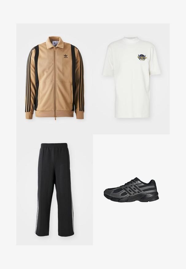 Vihreä vetoketjullinen urheilutakki, joka on valmistettu teksturoidusta kankaasta. Takissa on mustat pystysuorat raidat hihoissa ja Adidas-logo rinnassa.; adidas Originals TEE - Printtipaita - cloud white; Mustat hupparit, joissa on joustava vyötärö, valkoisilla sivuraidoilla ja rento istuvuus. Valmistettu pehmeästä, venyvästä kankaasta.; Musta urheilukengät, jotka on valmistettu verkkomateriaalista ja synteettisistä aineista. Kengissä on teksturoitu pinta, useita harmaita raitoja ja pehmustettu sauma.