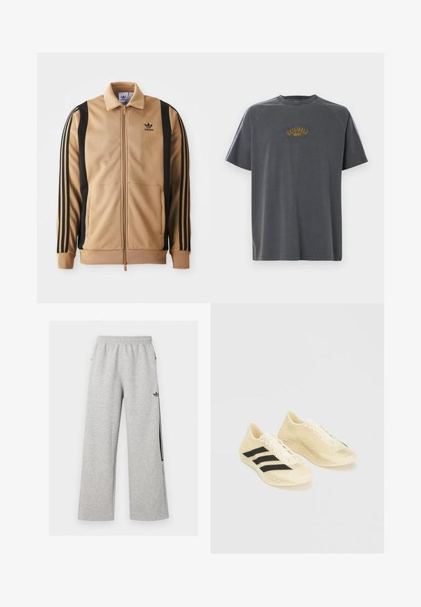 Tan zippered træningsjakke lavet af tekstureret stof, med sorte vertikale striber på ærmerne og et Adidas-logo på brystet.; Grå bomuld T-shirt med rund hals og korte ærmer. Har "ORIGINALS"-logo i gult med kontrasterende striber på skuldrene.; Lysegrå vidtløftede joggingbukser med elastisk talje og sort Adidas trefoil-logo på højre lår.; Lyse beige atletiksko med sorte striber, snørelukning og tekstureret bølgemønster på hvid baggrund.