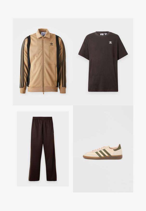 Tan zippered træningsjakke lavet af tekstureret stof, med sorte vertikale striber på ærmerne og et Adidas-logo på brystet.; Mørkebrun bomulds t-shirt med korte ærmer, rund hals og hvid Adidas-logo på venstre bryst. Enkel, afslappet pasform.; Mørkebrune vidde bukser med elastik i taljen og subtile lysebrune sidelister, vist mod en ensfarvet hvid baggrund.; Beige Adidas Spezial sneaker med lav profil, grønne striber, gummisål og "SPEZIAL"-branding på siden, vist fra ydersiden.