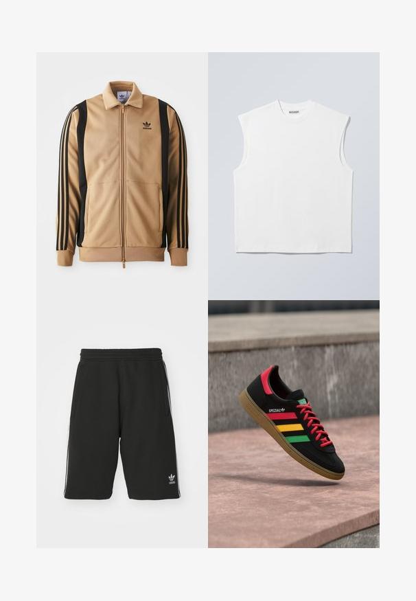Tan zippered træningsjakke lavet af tekstureret stof, med sorte vertikale striber på ærmerne og et Adidas-logo på brystet.; Hvid ærmeløs bomulds top med rund hals og markerede skulderpartier, mærket "WEEKDAY" på halsmærket, vist på lys grå baggrund.; Sort shorts lavet af bomuldsblandet materiale med elastisk talje, med hvide sidelister og et lille logo nederst til venstre.; Sort Adidas Spezial-sneaker med røde, gule og grønne striber, røde snørebånd, gummisål og rødt hældetalje, vist svævende over fortovet.