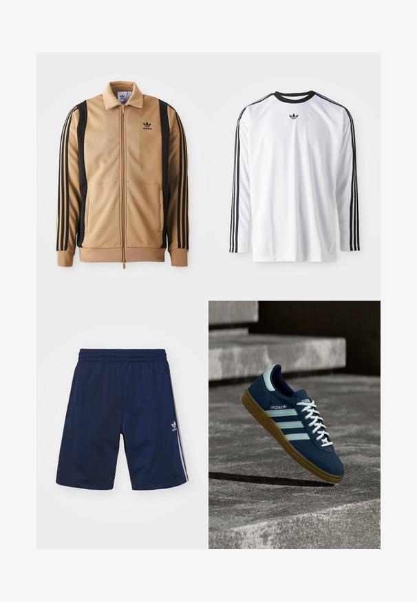 Tan ritsjack gemaakt van textiel, met zwarte verticale strepen op de mouwen en een Adidas-logo op de borst.; Witte lange mouw shirt van zachte stof met zwarte accenten, met drie zwarte strepen langs de mouwen en een klein zwart logo.; Marineblauwe sportshorts van een lichte stof, met een elastische tailleband en drie witte strepen aan de zijkanten. Adidas-logo zichtbaar.; Blauwe Adidas Spezial sneaker met witte strepen en veters, gumzool, zwevend boven een ruwe betonnen oppervlakte en trappen op de achtergrond.