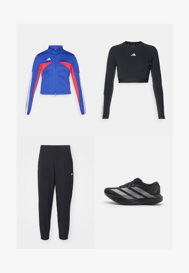 adidas Sportswear TIRO - Trainingsjacke - semi lucid blue/pure ruby/white; Schwarzes, verkürztes Langarm-Workout-Oberteil aus glattem Material. Mit einem weißen Logo auf der Brust und gestreiften Akzenten an den Ärmeln.; Schwarze Sporthosen aus einem glatten Stoff. Tapered-Design mit elastischen Bündchen. Mit kleinem weißen Logo an der linken Hüfte.; Schwarzer Laufschuh mit silbernen Streifen, dicke gepolsterte Sohle beschriftet "Lightstrike Pro", Seitenansicht auf weißem Hintergrund.