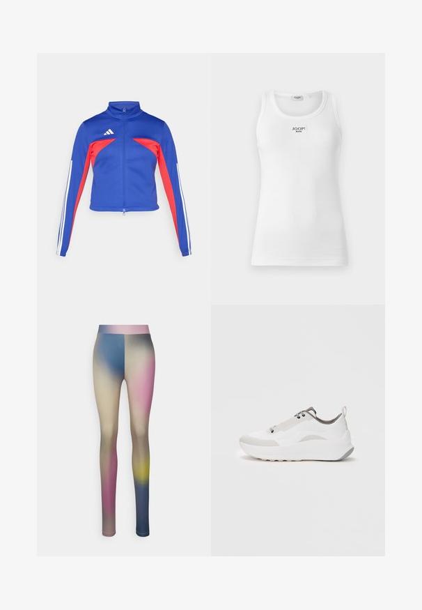 adidas Sportswear TIRO - Veste de survêtement - semi lucid blue/pure ruby/white; Débardeur blanc en tissu côtelé, avec un col rond et une étiquette rectangulaire avec "JOOP! JEANS" sur le devant.; BLANCHE COMFY LEGGINGS - Legging (type pantalon) - multicoloured; Baskets blanches avec une tige en cuir lisse, accents gris, bout arrondi, semelle intermédiaire texturée et tirette à l'arrière.