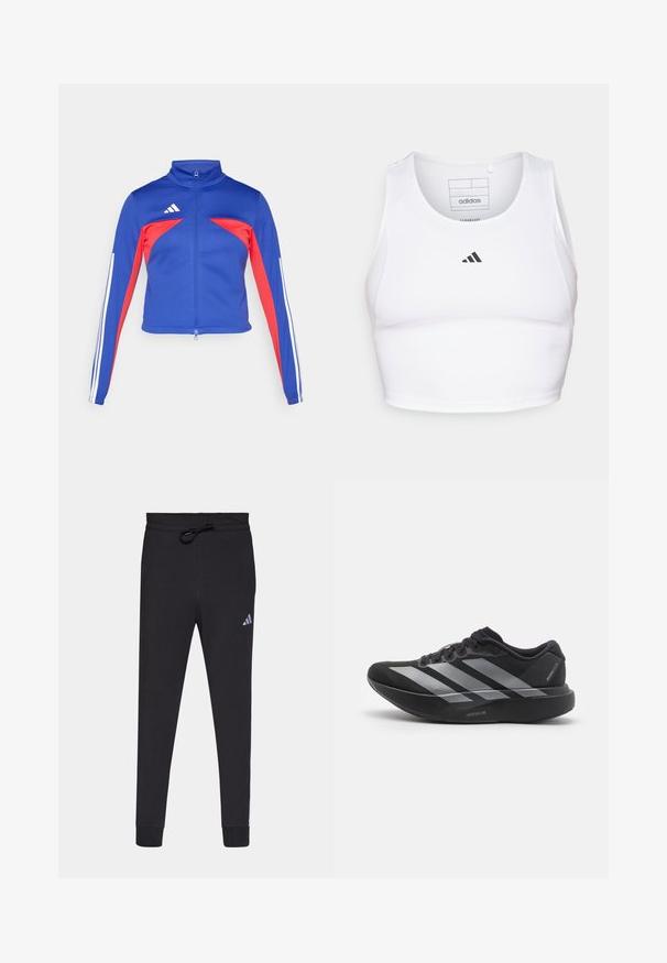 adidas Sportswear TIRO - Tréningová bunda - semi lucid blue/pure ruby/white; Biely športový crop top vyrobený z ľahkej, priedušnej tkaniny. Obsahuje sieťované bočné panely a čierne vyšitý logo na hrudi.; Čierne športové nohavice vyrobené z mäkkej tkaniny, s nastaviteľným pásom, zúženými nohavicami a malým bielym logom Adidas na ľavom stehne.; Čierne bežecké topánky so striebornými pruhmi, s hrubou polstrovanou podrážkou označenou "Lightstrike Pro," bočný pohľad na bielom pozadí.