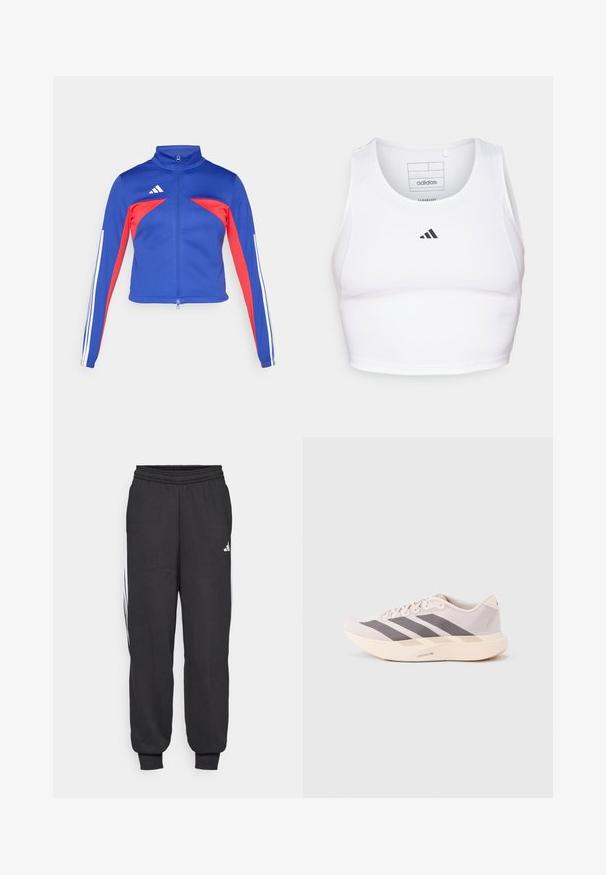 adidas Sportswear TIRO - Spordijakk - semi lucid blue/pure ruby/white; Valge sportlik lühike top, mis on valmistatud kergest ja hingavast kangast. Omab võrkkangast külgpaneele ja musta tikandiga logo rinnal.; Mustad mustarispüksid elastse vöökohtaga, kitsenevate pahklöövidega ja valgete külgribadega. Valmistatud pehmest kangast, millel on sile tekstuur.; Kerged sporditossud helelilla ja halli toonis, millel on võrguline pealmine osa, kolm tumedat triipu ning paks kreemjas tallaosa, millel on silt "LIGHTSTRIKE PRO".