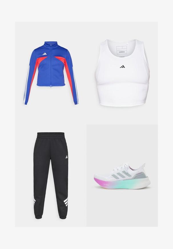 adidas Sportswear TIRO - Trainingsjacke - semi lucid blue/pure ruby/white; Weißes sportliches Crop-Top aus leichtem, atmungsaktivem Material. Mit Mesh-Seitenpanelen und schwarzem, gesticktem Logo auf der Brust.; Schwarze Jogginghose mit elastischem Bund, schmal zulaufenden Beinen und weißem Drei-Streifen-Design an den Seiten. Hergestellt aus weichem Material.; adidas Performance ULTRABOOST 5 W - Laufschuh Straße - cloud white/halo silver-coloured/purple burst