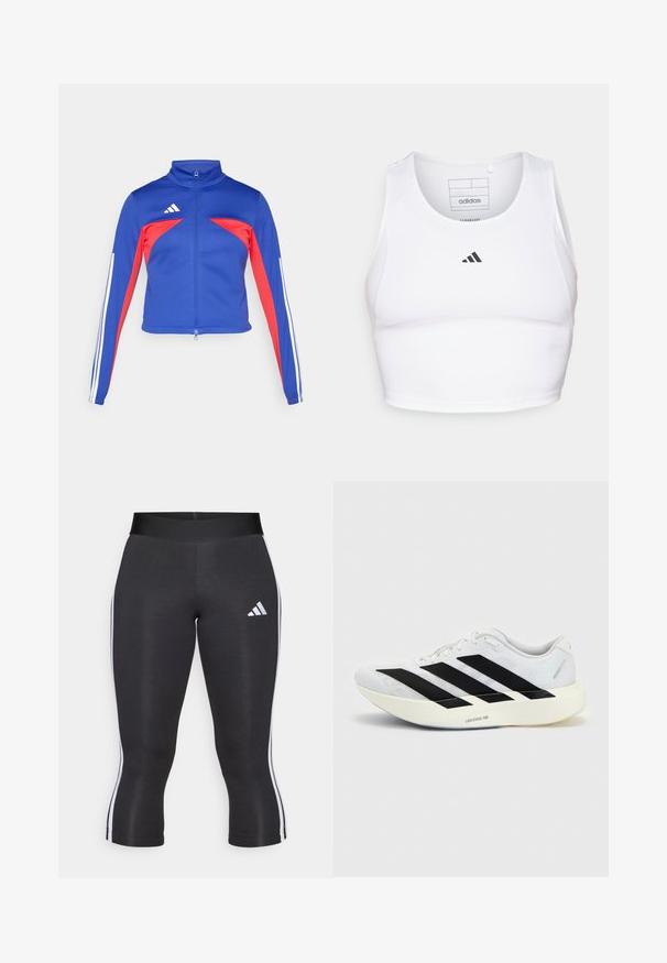 adidas Sportswear TIRO - Træningsjakke - semi lucid blue/pure ruby/white; Hvid atletisk crop top lavet af letvægts, åndbart stof. Har mesh-sider og sort broderet logo på brystet.; Sorte capri leggings med en bred talje, udstyret med hvide sideløsninger og et hvidt Adidas-logo på venstre lår. Glat tekstur.; Hvid løbesko med sort tre-stribet design på siden og tyk hvid sål mærket "Lightstrike Pro" på ensfarvet baggrund.