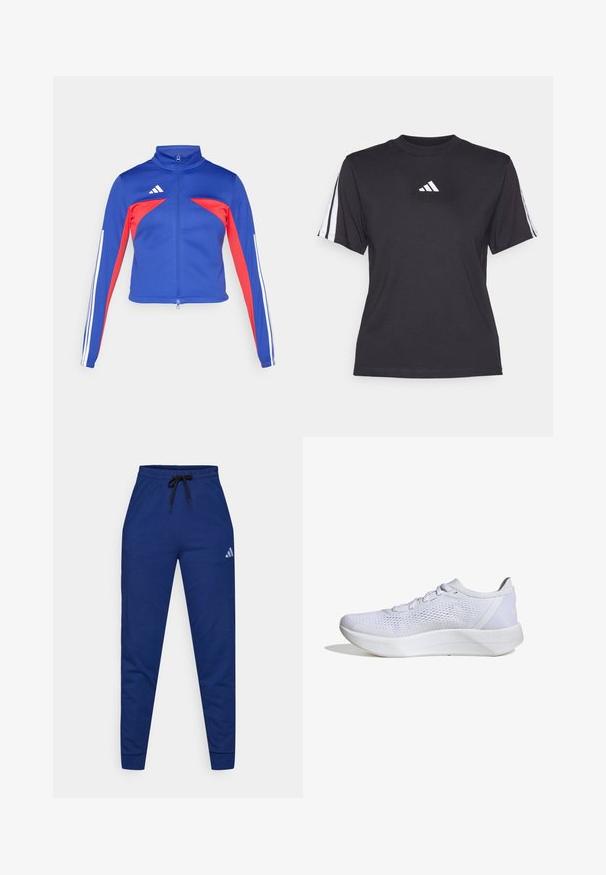adidas Sportswear TIRO - Tréningová bunda - semi lucid blue/pure ruby/white; Čierne športové tričko vyrobené z mäkkého materiálu, s klasickým okrúhlym výstrihom, krátkymi rukávmi a tromi bielymi pruhmi na každom ramene. Biely logo na hrudi.; Modré bavlnené tepláky s elastickým pásom, nastaviteľnou čiernou šnúrkou a malým bielym logom na ľavom stehne. Upravený strih.; Biele atletické topánky s priedušným sieťovým zvrškom, šnurovací dizajn, polstrovaný golier a textúrovaná gumová podrážka pre trakciu.