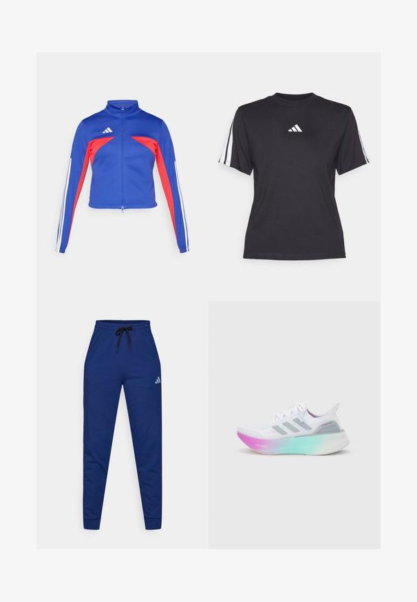 adidas Sportswear TIRO - Spordijakk - semi lucid blue/pure ruby/white; Must maal sport särk pehmest kangast, millel on ümmargune kaelus, lühikesed varrukad ja iga õla peal kolm valget triipu. Valge logo rinnal.; Sinisest puuvillast spordipüksid, millel on elastne vöökoht, reguleeritav must nöör ja väike valge logo vasakul reiel. Lähedane disain.; Valge Adidas jooksumari hallide triipudega ja paks tallaga, mis läheb üle roosast roheliseks, millel on tekstid "Lightboost" ja "Ultraboost".