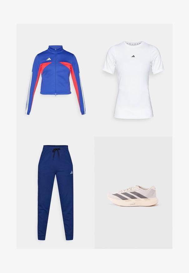 adidas Sportswear TIRO - Trainingsvest - semi lucid blue/pure ruby/white; Witte sportshirt met korte mouwen, gemaakt van zachte, rekbare stof. Voorzien van een klein zwart Adidas-logo op de borst.; Blauwe katoenen joggers met een elastische tailleband, een verstelbare zwarte trekkoord en een klein wit logo op de linker dij. Aansluitend ontwerp.; Lichtgewicht sportieve sneakers in lichtroze en grijs, met een bovenwerk van mesh, drie donkere strepen, en een dikke crèmekleurige zool met het opschrift "LIGHTSTRIKE PRO".