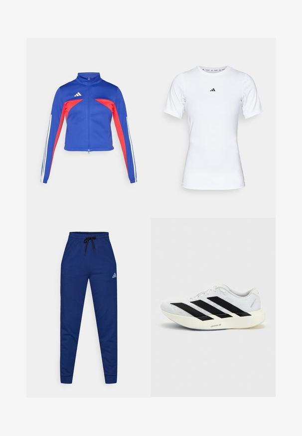 adidas Sportswear TIRO - Veste de survêtement - semi lucid blue/pure ruby/white; T-shirt de sport blanc à manches courtes, fabriqué en tissu lisse et extensible. Doté d'un petit logo noir Adidas sur la poitrine.; Joggeurs en coton bleu avec une taille élastique, cordon noir ajustable et un petit logo blanc sur la cuisse gauche. Design ajusté.; Chaussure de running blanche avec motif trois bandes noires sur le côté et semelle blanche épaisse étiquetée "Lightstrike Pro" sur fond uni.