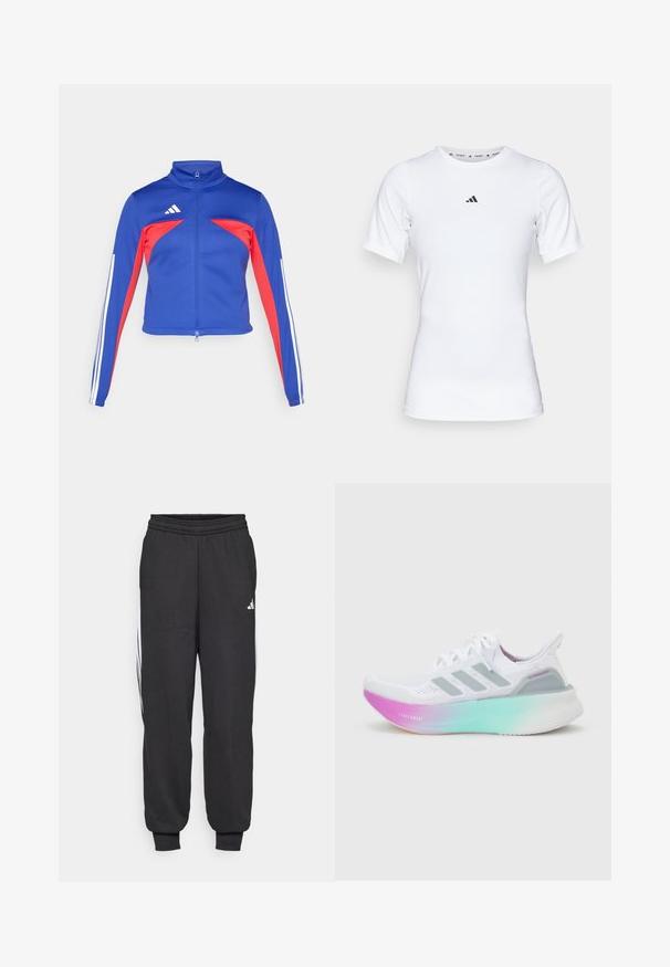 adidas Sportswear TIRO - Træningsjakke - semi lucid blue/pure ruby/white; Hvid atletisk skjorte med korte ærmer, lavet af glat, strækbart stof. Har et lille sort Adidas-logo på brystet.; Sorte træningsbukser med elastisk talje, indsnævrede ankler og hvide sidelister. Lavet af blødt stof med en glat tekstur.; Hvid Adidas løbesko med lys blå og pink gradient sål, tre grå sidestriber og overdel i strikstof med snørebånd.