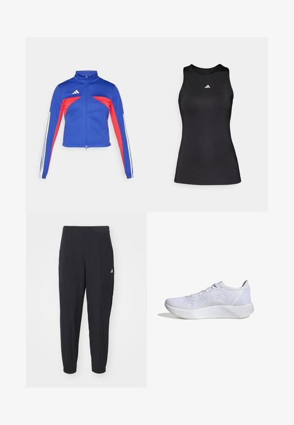 adidas Sportswear TIRO - Træningsjakke - semi lucid blue/pure ruby/white; Sort ærmeløs atletisk top lavet af glat stof. Har en rund halsudskæring og et lille hvidt Adidas-logo på brystet.; Sorte træningsbukser lavet af et glat stof. Taperet design med elastiske manchetter. Har et lille hvidt logo på venstre hofte.; Hvide sportssko med en åndbar mesh-overdel, snørebåndsdesign, polstret krave og en struktureret gummisål for bedre greb.