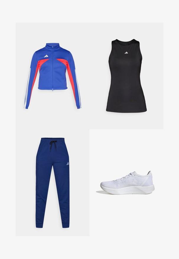 adidas Sportswear TIRO - Træningsjakke - semi lucid blue/pure ruby/white; Sort ærmeløs atletisk top lavet af glat stof. Har en rund halsudskæring og et lille hvidt Adidas-logo på brystet.; Blå bomulds joggers med elastisk talje, justerbar sort snor og et lille hvidt logo på venstre lår. Tæt pasform.; Hvide sportssko med en åndbar mesh-overdel, snørebåndsdesign, polstret krave og en struktureret gummisål for bedre greb.