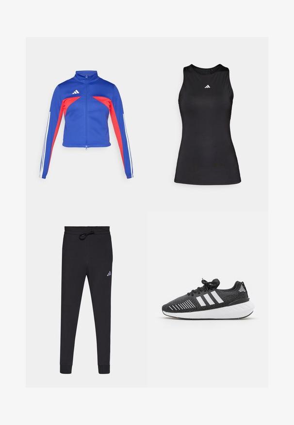 adidas Sportswear TIRO - Μπουφάν προπόνησης - semi lucid blue/pure ruby/white; Μαύρο αθλητικό τοπ χωρίς μανίκια, φτιαγμένο από λεία ύφασμα. Διαθέτει στρογγυλή λαιμόκοψη και ένα μικρό λευκό λογότυπο Adidas στο στήθος.; Μαύρο αθλητικό παντελόνι από μαλακό ύφασμα, με λάστιχο στη μέση, στενές μύτες και μικρό λευκό λογότυπο της Adidas στο αριστερό μηρό.; Μαύρα αθλητικά παπούτσια με υφή στην επάνω πλευρά, λευκό σχέδιο τριών λωρίδων, καουτσούκ σόλα και αντίθεση σε λευκό χρώμα στη φτέρνα.