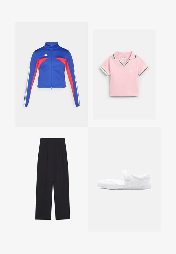 adidas Sportswear TIRO - Veste de survêtement - semi lucid blue/pure ruby/white; Polo rose à manches courtes avec bordure verte et blanche sur le col et les manches, texte "Juicy" brodé sur la poitrine.; Pantalons larges noirs en tissu lisse, avec des plis, une taille plate et sans poches ni decorations visibles.; Chaussure style Mary Jane blanche avec une tige en maille, une bride Velcro ajustable et une semelle plate, vue de côté sur un fond uni.