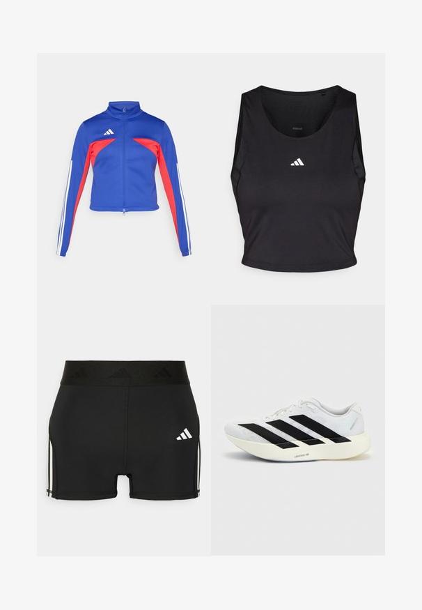 adidas Sportswear TIRO - Træningsjakke - semi lucid blue/pure ruby/white; Sort sports crop top lavet af fugttransporterende stof, med rund hals, ærmeløs design og hvidt logo på brystet.; Sorte atletiske shorts lavet af strækbart materiale. Har en bred sort talje med præget logo og hvide sidestriber.; Hvid løbesko med sort tre-stribet design på siden og tyk hvid sål mærket "Lightstrike Pro" på ensfarvet baggrund.