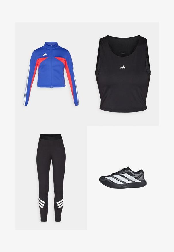 adidas Sportswear TIRO - Træningsjakke - semi lucid blue/pure ruby/white; Sort sports crop top lavet af fugttransporterende stof, med rund hals, ærmeløs design og hvidt logo på brystet.; Sorte leggings lavet af strækbart materiale, med en bred talje og tre hvide vandrette striber nær de nederste ben.; Sort og grå løbesko med tre store hvide striber på siden og tyk sort sål mærket "Lightstrike Pro."