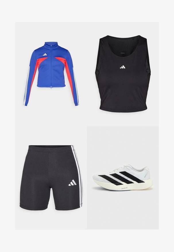 adidas Sportswear TIRO - Μπουφάν προπόνησης - semi lucid blue/pure ruby/white; Μαύρο αθλητικό crop top φτιαγμένο από ύφασμα που απορροφά την υγρασία, με στρογγυλή λαιμόκοψη, χωρίς μανίκια και λευκό λογότυπο στο στήθος.; Μαύρα αθλητικά σορτς κατασκευασμένα από ελαστικό ύφασμα, με άσπρες πλευρικές ρίγες και λογότυπο Adidas στο κάτω δεξί πόδι. Λείος υφασμάτινος υφή.; Λευκό αθλητικό παπούτσι με μαύρο σχέδιο τριών ρίγων στην πλευρά και παχιά λευκή σόλα με την ετικέτα "Lightstrike Pro" σε μονόχρωμο φόντο.