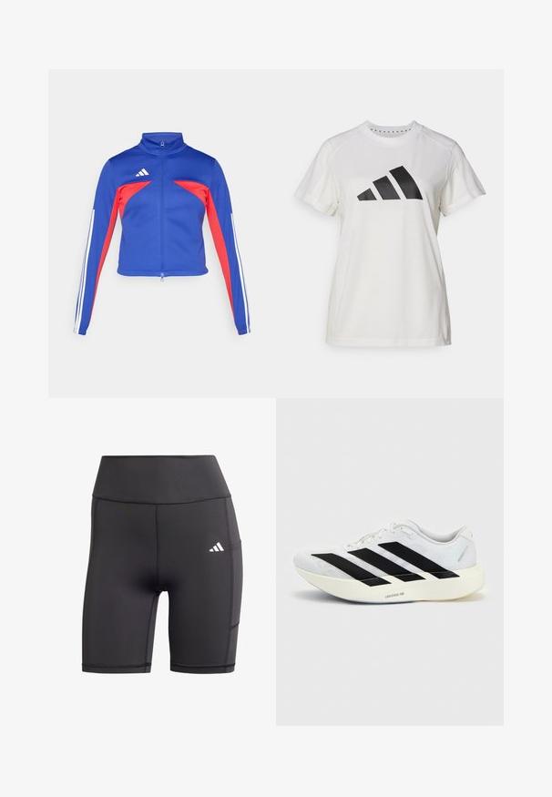 adidas Sportswear TIRO - Chaqueta de entrenamiento - semi lucid blue/pure ruby/white; Camiseta atlética blanca de tejido suave. Presenta mangas cortas y un gran logotipo negro de Adidas con tres rayas debajo.; Pantalones cortos deportivos negros fabricados con material elástico, con una cintura alta, costuras planas y un logo blanco en la cadera izquierda.; Zapatilla de running blanca con diseño negro de tres franjas en el lateral y suela blanca gruesa con la etiqueta "Lightstrike Pro" sobre fondo liso.