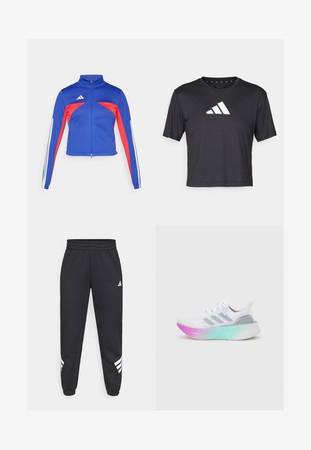 adidas Sportswear TIRO - Trainingsvest - semi lucid blue/pure ruby/white; Zwarte cropped t-shirt van gladde stof, met een witte Adidas-logo op de borst, ronde halslijn en korte mouwen.; Zwarte sweatpants met een elastische tailleband, taps toelopende benen en een wit drie-strepenontwerp aan de zijkanten. Gemaakt van zachte stof.; Witte Adidas hardloopschoen met grijze strepen en een dikke zool die overgaat van roze naar groen, met de tekst "Lightboost" en "Ultraboost".