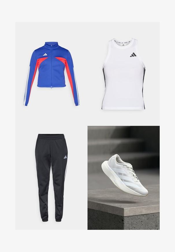 adidas Sportswear TIRO - Træningsjakke - semi lucid blue/pure ruby/white; Hvid athletic tanktop med sorte sideaccentuer og logo. Har en scoop-neckline og tætsiddende design, lavet af letvægts, åndbart materiale.; Sorte træningsbukser med elastisk talje, smalle ben og hvide sidelister. Har et lille gråt trefoil-logo på venstre lår.; Hvid atletiksko med en struktureret overlæder, tre laterale striber, polstret sål og rundet tå, placeret over en betongulv.