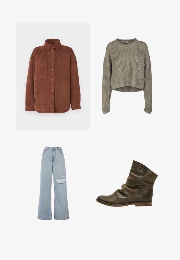 Brauner Corduroy-Hemdjacke mit zwei Fronttaschen, Knopfverschluss und Kragen. Mit vertikaler Ripptextur und lockerer Passform.; Olivgrüner, verkürzter Strickpullover mit strukturiertem Muster, rundem Ausschnitt und langen Ärmeln. Dicke Rippstruktur am Saum und an den Bündchen.; Hellblaue Denim-Jeans im Schlagdesign mit hoher Taille, ausgefransten Stellen und einem rohen Saum. Weicher Stoff mit lockerer Passform.; Braune Leder-Ankle-Boots mit einer lässigen Gestaltung, die eine subtile Textur, eine runde Zehenpartie und eine flache Sohle mit einem kleinen Logo-Detail an der Ferse aufweisen.