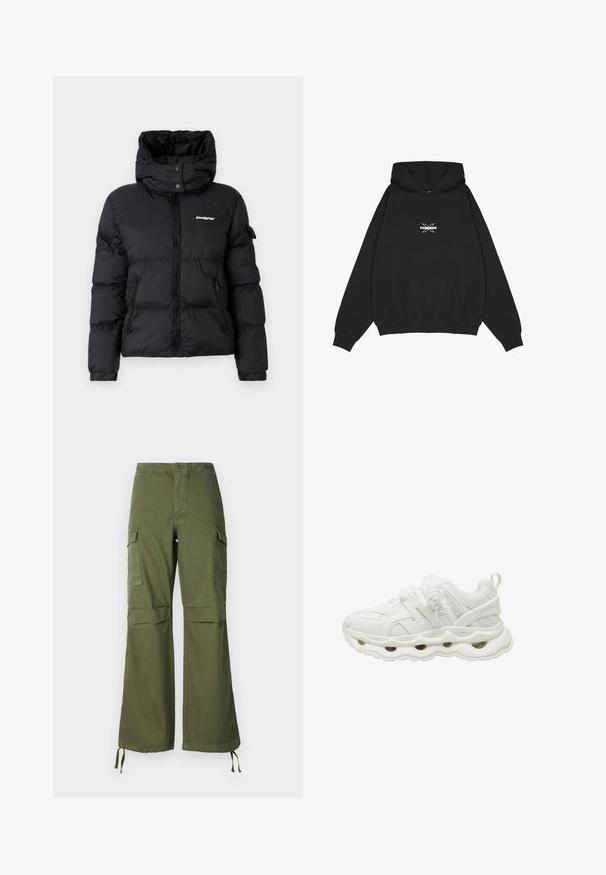 Sort pufferjakke med høj krave og hætte. Har lynlås foran, to sidelommer og logo på venstre bryst. Glat tekstur.; Pegador BELLY OVERSIZED HOODIE - Hættetrøje - washed black; Olivengrønne cargo-buksen i bomuld med bred ben-design, to sidelommer og justerbare snore ved kanten.; Hvid atletisk sneaker med mesh og syntetisk overdel, tyk sål med ovale udskæringer og chunky snørebånd i rebstil, set fra siden.