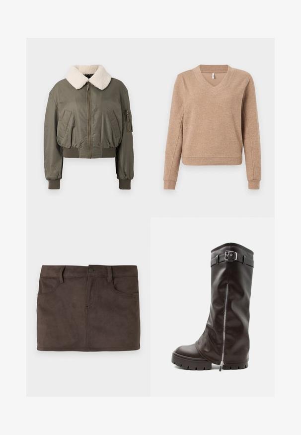 Veste bomber courte en vert olive, avec un col en fourrure blanche, fermeture éclair, poches latérales et poignets côtelés. Texture lisse.; Pull beige côtelé avec un col en V, manches longues et poignets ajustés. Texture douce avec une coupe légèrement ample et un ourlet droit.; Mini-jupe en daim marron avec deux poches avant, passants de ceinture et fermeture avec bouton à l'avant. Texture lisse avec un léger brillant.; Botte haute en cuir marron foncé avec semelle épaisse, fermeture éclair latérale et bride à la cheville avec boucle argentée, présentée sur fond blanc.