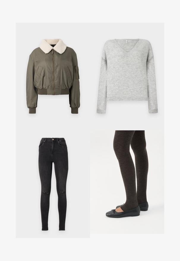 Veste bomber courte en vert olive, avec un col en fourrure blanche, fermeture éclair, poches latérales et poignets côtelés. Texture lisse.; Pull gris en V en matériau doux, avec une coupe décontractée et agrémenté de petits sequins argentés sur tout le tissu.; Jean skinny noir en denim, avec une taille haute, des détails déchirés aux genoux et un design classique à cinq poches.; Jambes portant des leggings côtelés foncés associés à des ballerines noires avec de petits détails en nœud sur fond blanc.