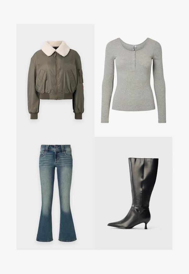 Veste bomber courte en vert olive, avec un col en fourrure blanche, fermeture éclair, poches latérales et poignets côtelés. Texture lisse.; Haut à manches longues gris clair côtelé avec encolure ronde et patte de boutonnage à quatre boutons, silhouette ajustée et tissu tricoté doux.; Jeans en denim bleu moyen avec un léger délavage au niveau des cuisses et des jambes évasées, présentant des poches avant, des passants de ceinture et une fermeture à double bouton.; Botte en cuir noire montant jusqu'au genou, avec un bout pointu et un petit talon bas, présentée sur un fond clair uni.