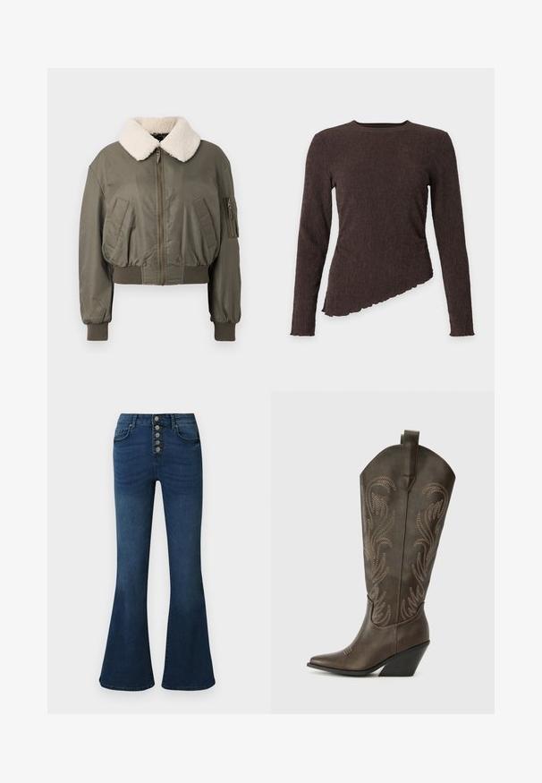 Veste bomber courte en vert olive, avec un col en fourrure blanche, fermeture éclair, poches latérales et poignets côtelés. Texture lisse.; Haut à manches longues côtelé marron foncé avec encolure ronde et ourlet asymétrique à bords festonnés sur fond uni.; Jeans évasés en denim bleu foncé avec une taille haute et une fermeture à cinq boutons sur le devant. Texture lisse avec un léger délavage et des détails de couture subtils.; Botte de cowboy en cuir marron avec un embout pointu, un talon compensé et des broderies décoratives. Dispose d'un long tige et d'une languette de tirage.