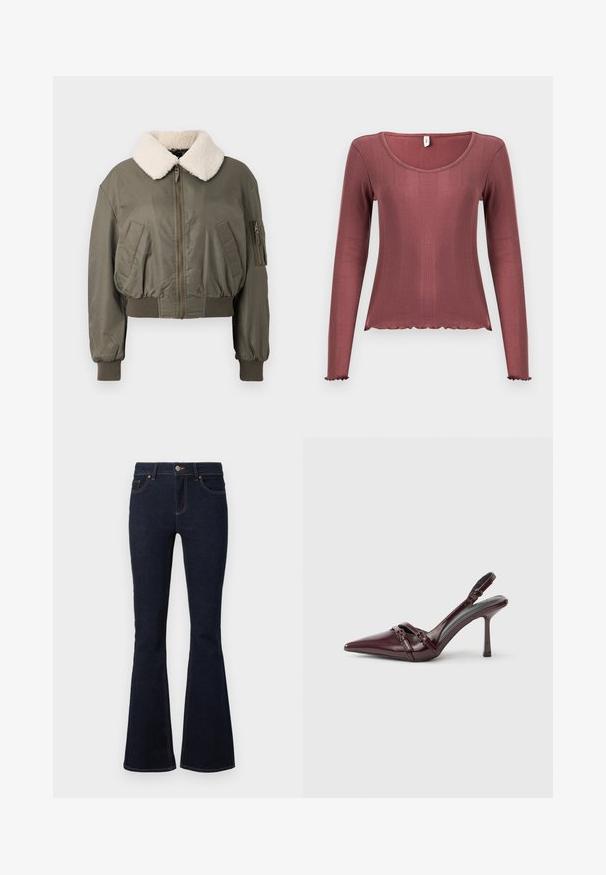 Veste bomber courte en vert olive, avec un col en fourrure blanche, fermeture éclair, poches latérales et poignets côtelés. Texture lisse.; Haut à manches longues couleur rose poudré, texture côtelée, encolure dégagée, ourlets et poignets festonnés, confectionné en matière tricotée douce.; Jean évasé bleu marine en denim, avec une taille ajustée, un design classique à cinq poches et des coutures contrastantes le long des coutures.; Escarpin slingback en cuir verni bordeaux avec bout pointu, fine bride à la cheville et petit détail décoratif de boucle. Texture lisse et talon haut.