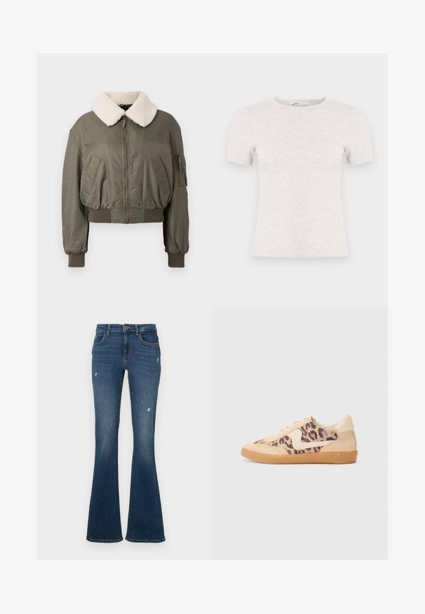 Veste bomber courte en vert olive, avec un col en fourrure blanche, fermeture éclair, poches latérales et poignets côtelés. Texture lisse.; T-shirt gris clair à manches courtes en tissu côtelé avec un col rond. Design simple, texture lisse, sans motifs ni accents visibles.; Jean en denim évasé bleu foncé avec des patches usés. Comprend cinq poches et une fermeture éclair. Tissu de poids moyen avec une texture lisse.; Baskets en imprimé léopard avec tige en suède beige, semelle en caoutchouc tan et accents blancs. Bout rond et design à lacets avec une finition texturée.