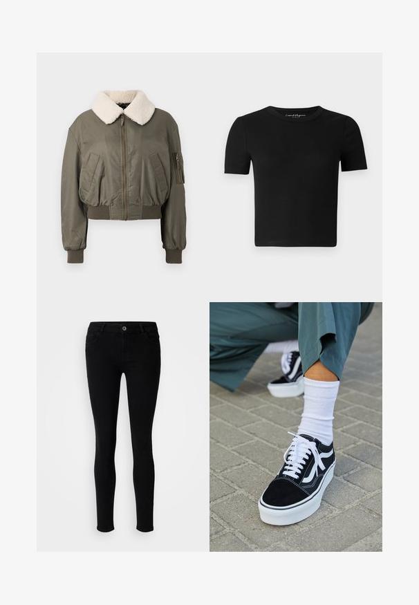 Veste bomber courte en vert olive, avec un col en fourrure blanche, fermeture éclair, poches latérales et poignets côtelés. Texture lisse.; T-shirt noir ajusté à manches courtes, texture côtelée et col rond. Design simple, sans logo ni ornement visible.; Pieces PCPEGGY - Jeans Skinny - black; Baskets en suède noir avec des accents et des lacets blancs, présentant une épaisse semelle blanche et des coutures contrastantes, associées à une chaussette blanche.