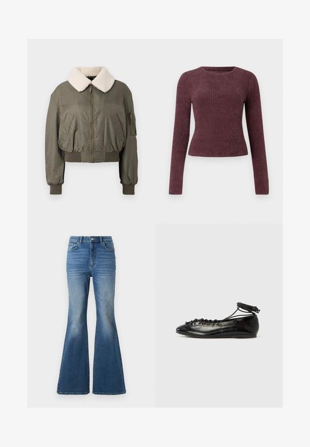 Veste bomber courte en vert olive, avec un col en fourrure blanche, fermeture éclair, poches latérales et poignets côtelés. Texture lisse.; Haut à manches longues en rib avec une couleur bordeaux profonde. Présente un col rond et une silhouette ajustée. Fabriqué en tissu doux et texturé.; Jean en denim bleu taille haute, évasés, avec un effet délavé, comportant deux poches avant, une fermeture à bouton, et des détails cousus sur les coutures.; Ballerines en cuir verni noir avec un bout rond, un design à lacets et une semelle plate. Texture lisse avec peu de détails.