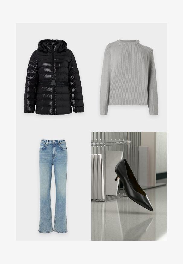 Läikiv must puffjakkk, millel on kapuuts, horisontaalsed tikandid ja must vöö, millel on "Calvin Klein" logo vöökohal.; Copenhagen Muse COLIN PULLOVER - Džemper - light grey; Heledad sinine flared jeanis, mis on valmistatud denimist, nupuga sulgemisega, viie taskuga ja kerge kulumisega, et anda kulunud välimus.; Mustast nahast terava ninaga madala kontsaga king, mis hõljub üle halli täpilise põranda, kõrval metallist failikorraldaja kaustadega.